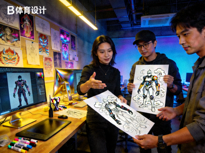 B体育设计团队工作场景 - 设计师正在讨论赛博国潮风格的角色概念设计