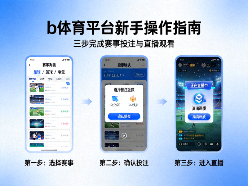 b体育平台新手操作指南主视觉图 - 展示三步完成赛事投注与直播观看的界面示意图