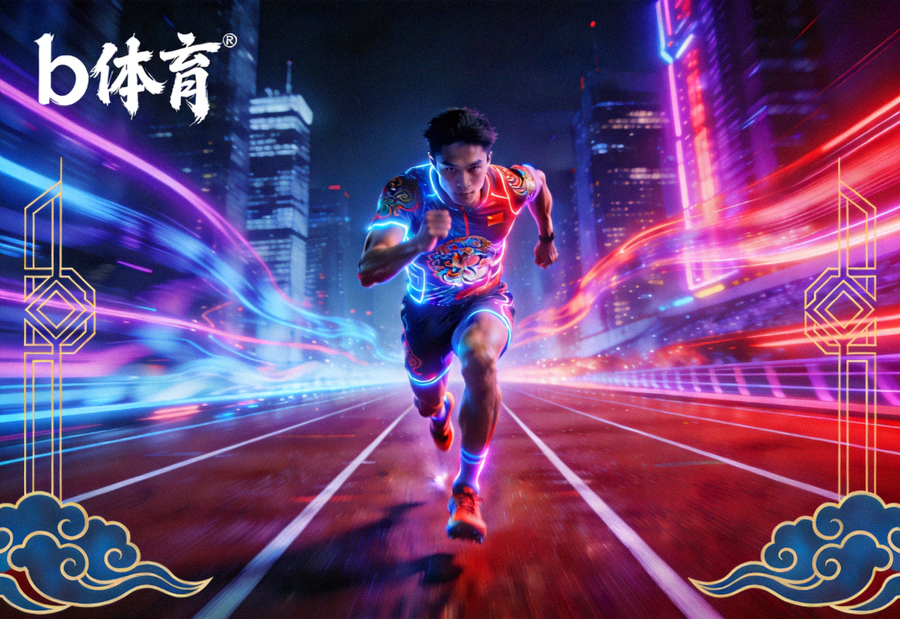 b体育平台赛博国潮风格主视觉 - 运动员在霓虹灯光下的跑道上全力奔跑的画面