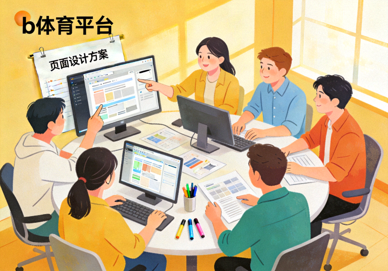 b体育平台内容与技术团队协作场景 - 多位成员围坐讨论页面设计方案